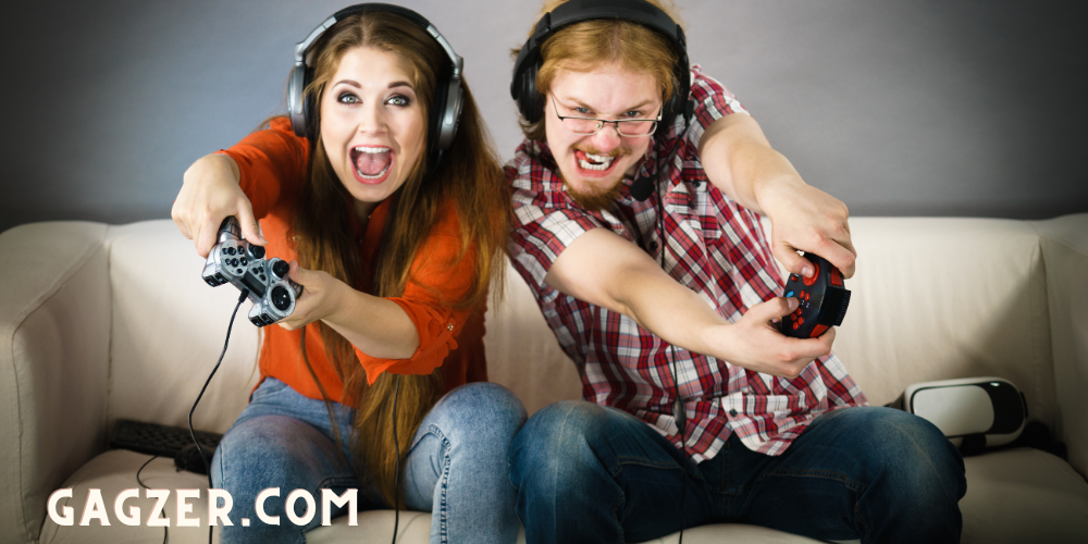 a couple is playing video games